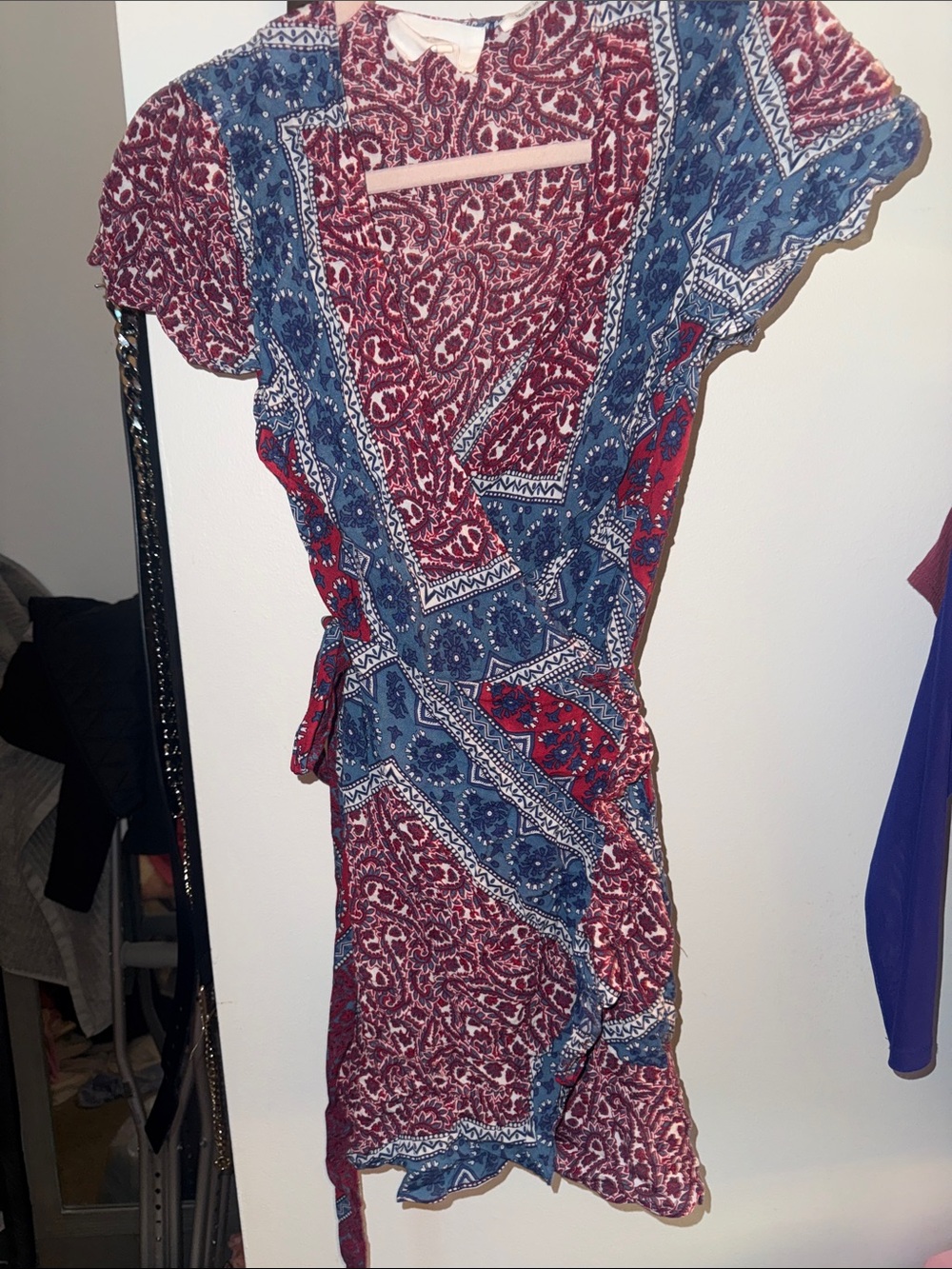 ba&sh Red and Blue Paisley Wrap Mini Dress
